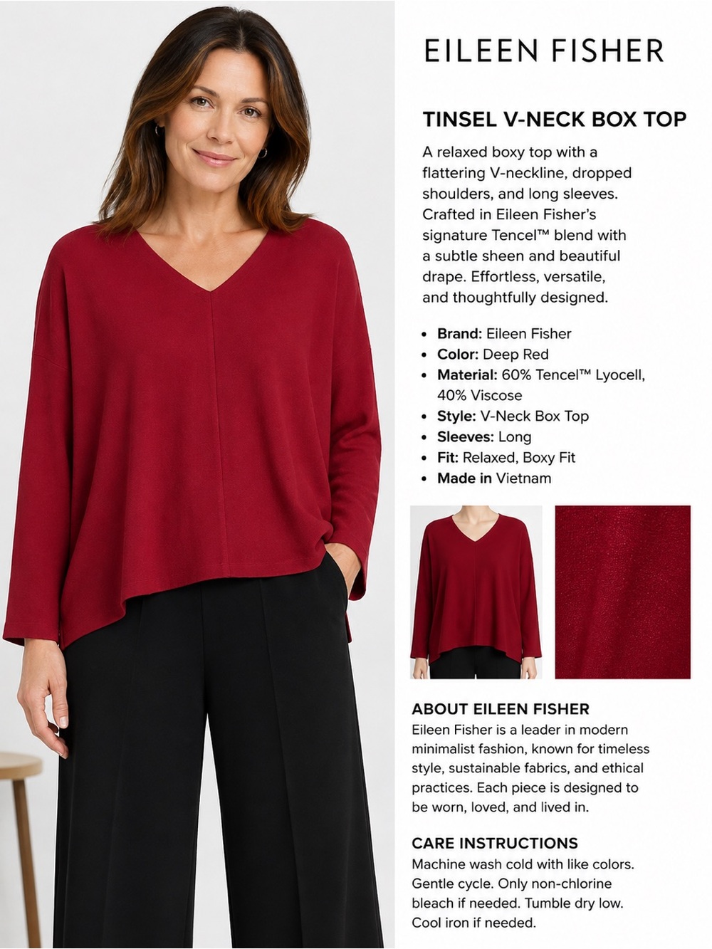 Eileen Fisher Crepe Dolman-Sleeve V-Neck Top Size L Tart Cherry - Picture 2 of 6